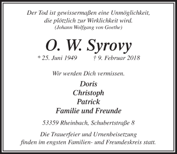 Anzeige von O.W. Syrovy von  Schaufenster/Blickpunkt 