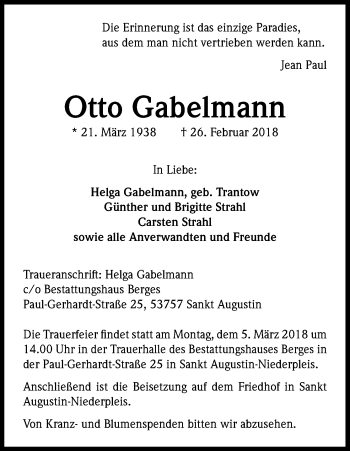 Anzeige von Otto Gabelmann von Kölner Stadt-Anzeiger / Kölnische Rundschau / Express