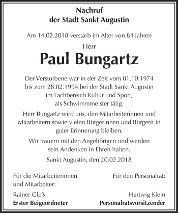 Anzeige von Paul Bungartz von  Extra Blatt 