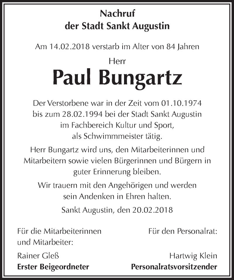  Traueranzeige für Paul Bungartz vom 28.02.2018 aus  Extra Blatt 