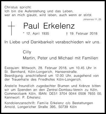 Anzeige von Paul Erkelenz von Kölner Stadt-Anzeiger / Kölnische Rundschau / Express