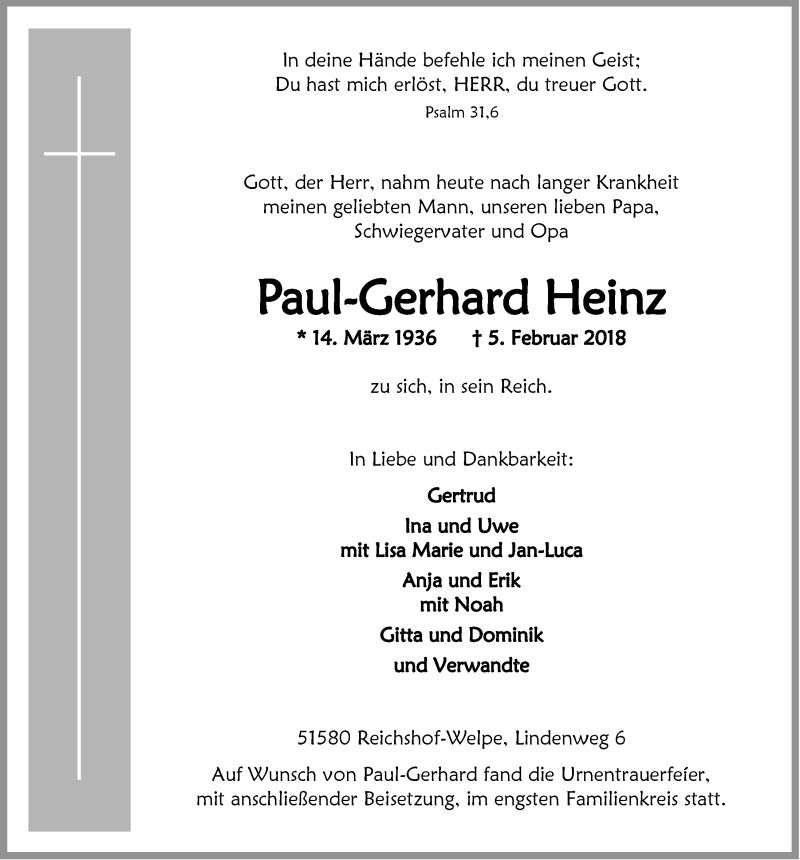  Traueranzeige für Paul-Gerhard Heinz vom 21.02.2018 aus  Lokalanzeiger 