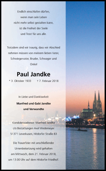 Anzeige von Paul Jandtke von Kölner Stadt-Anzeiger / Kölnische Rundschau / Express