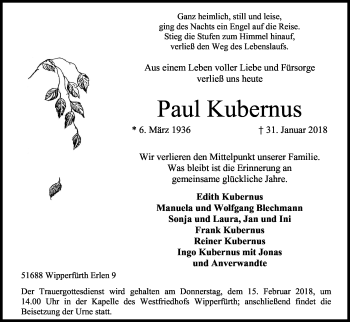 Anzeige von Paul Kubernus von Kölner Stadt-Anzeiger / Kölnische Rundschau / Express