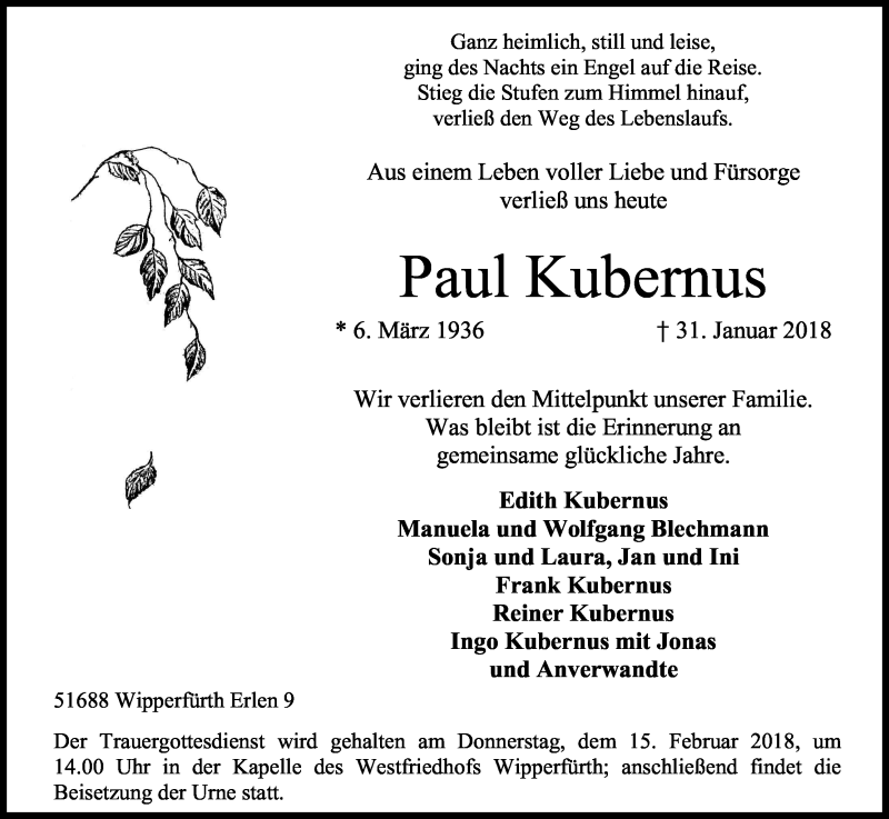  Traueranzeige für Paul Kubernus vom 13.02.2018 aus Kölner Stadt-Anzeiger / Kölnische Rundschau / Express