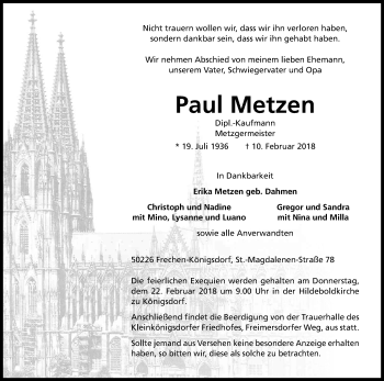 Anzeige von Paul Metzen von Kölner Stadt-Anzeiger / Kölnische Rundschau / Express