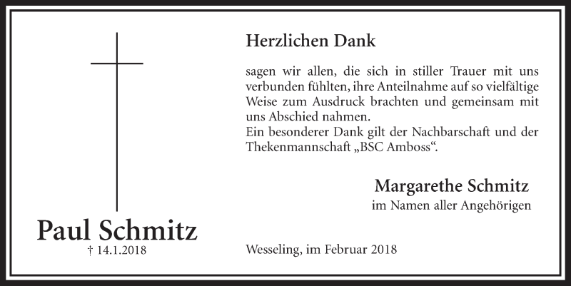  Traueranzeige für Paul Schmitz vom 21.02.2018 aus  Schlossbote/Werbekurier 