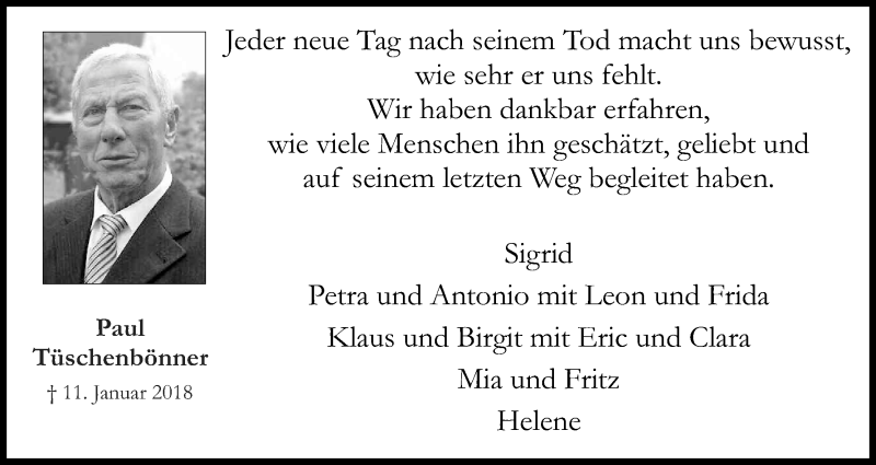  Traueranzeige für Paul Tüschenbönner vom 17.02.2018 aus Kölner Stadt-Anzeiger / Kölnische Rundschau / Express