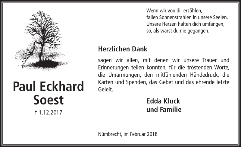  Traueranzeige für Paul Eckhard Soest vom 07.02.2018 aus  Lokalanzeiger 