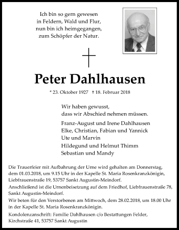 Anzeige von Peter Dahlhausen von Kölner Stadt-Anzeiger / Kölnische Rundschau / Express