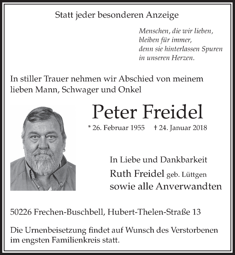  Traueranzeige für Peter Freidel vom 03.02.2018 aus  Sonntags-Post 
