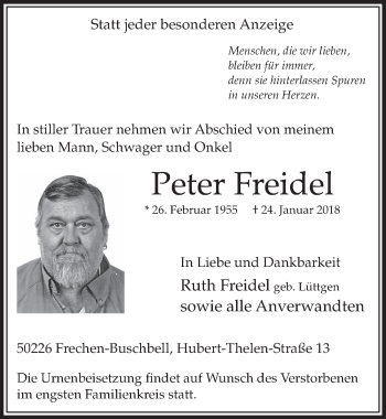 Anzeige von Peter Freidel von  Sonntags-Post 