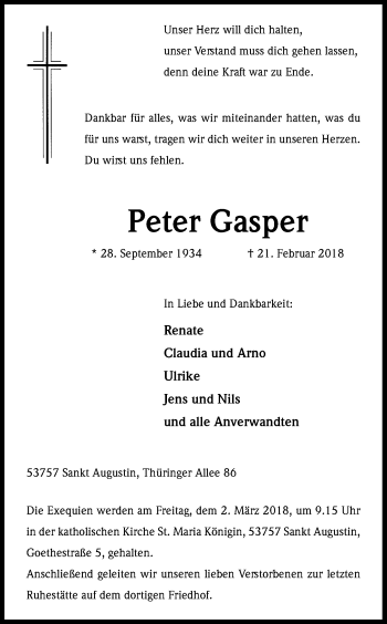 Anzeige von Peter Gasper von Kölner Stadt-Anzeiger / Kölnische Rundschau / Express