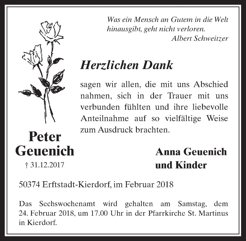  Traueranzeige für Peter Geuenich vom 21.02.2018 aus  Werbepost 