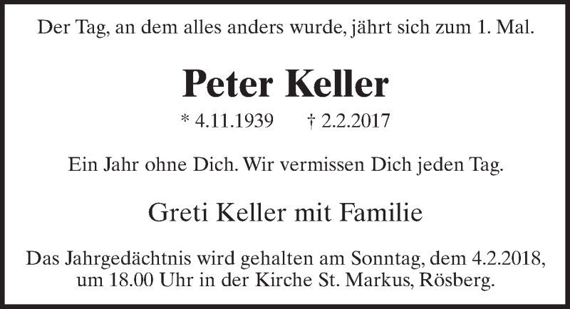  Traueranzeige für Peter Keller vom 31.01.2018 aus  Schaufenster/Blickpunkt 