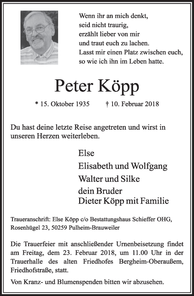  Traueranzeige für Peter Köpp vom 17.02.2018 aus  Sonntags-Post 