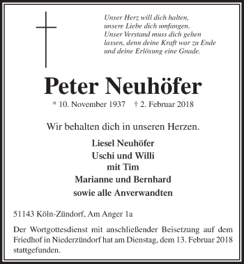 Anzeige von Peter Neuhöfer von  Kölner Wochenspiegel 