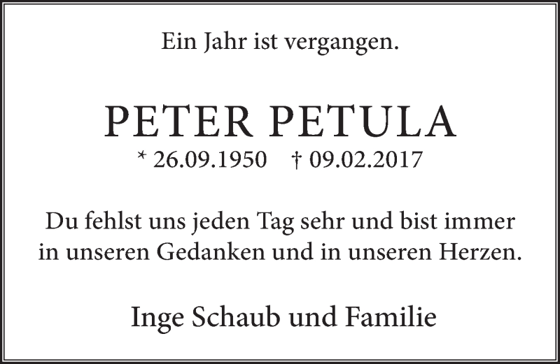  Traueranzeige für Peter Petula vom 07.02.2018 aus  Werbepost 