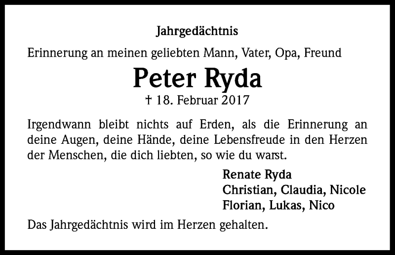  Traueranzeige für Peter Ryda vom 17.02.2018 aus Kölner Stadt-Anzeiger / Kölnische Rundschau / Express
