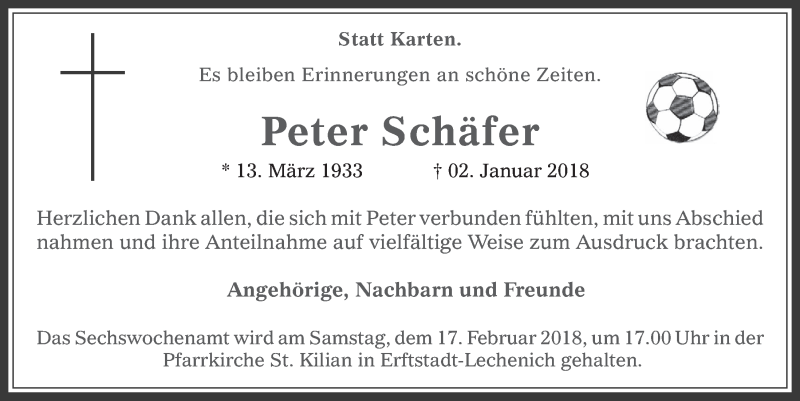  Traueranzeige für Peter Schäfer vom 31.01.2018 aus  Werbepost 