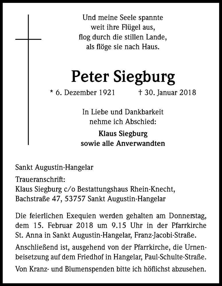  Traueranzeige für Peter Siegburg vom 10.02.2018 aus Kölner Stadt-Anzeiger / Kölnische Rundschau / Express
