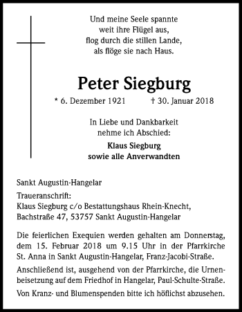 Anzeige von Peter Siegburg von Kölner Stadt-Anzeiger / Kölnische Rundschau / Express