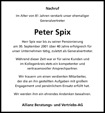 Anzeige von Peter Spix von Kölner Stadt-Anzeiger / Kölnische Rundschau / Express