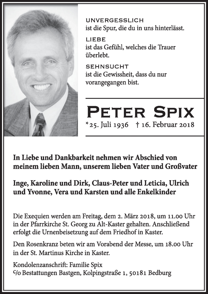  Traueranzeige für Peter Spix vom 24.02.2018 aus  Sonntags-Post 