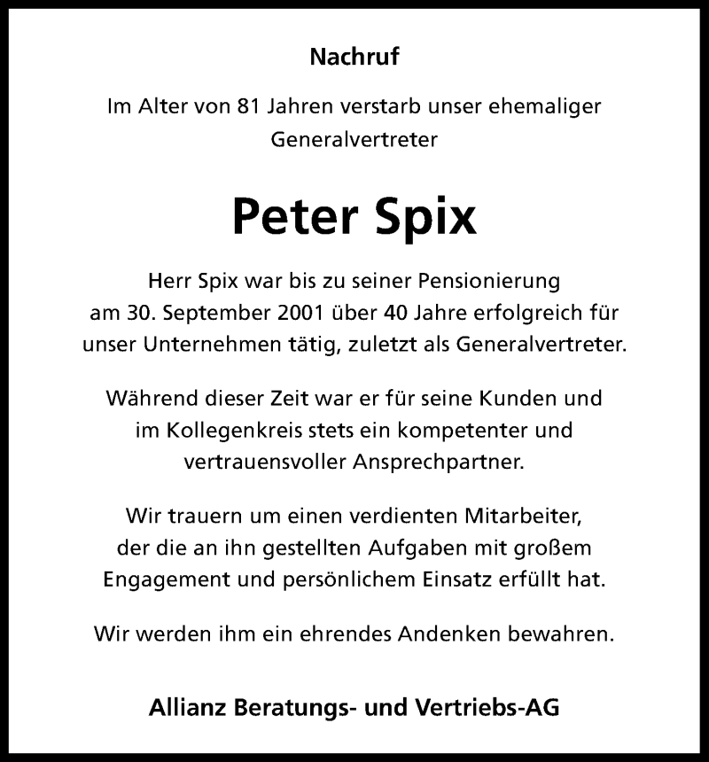  Traueranzeige für Peter Spix vom 24.02.2018 aus Kölner Stadt-Anzeiger / Kölnische Rundschau / Express