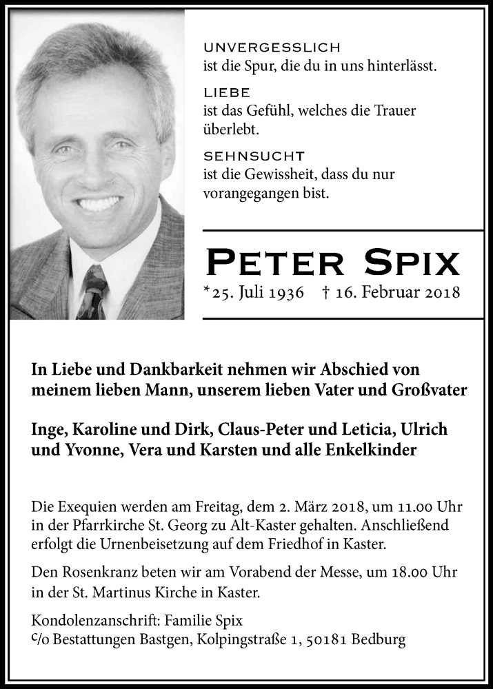  Traueranzeige für Peter Spix vom 24.02.2018 aus Kölner Stadt-Anzeiger / Kölnische Rundschau / Express