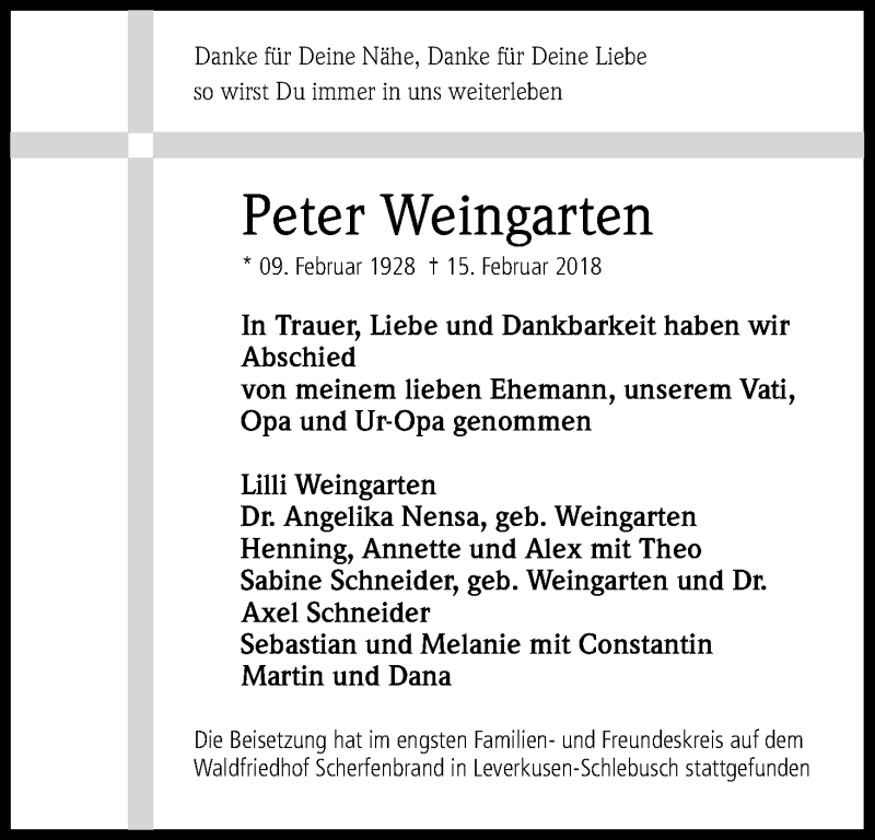 Traueranzeige für Peter Weingarten vom 27.02.2018 aus Kölner Stadt-Anzeiger / Kölnische Rundschau / Express