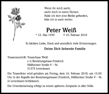 Anzeige von Peter Weiß von Kölner Stadt-Anzeiger / Kölnische Rundschau / Express