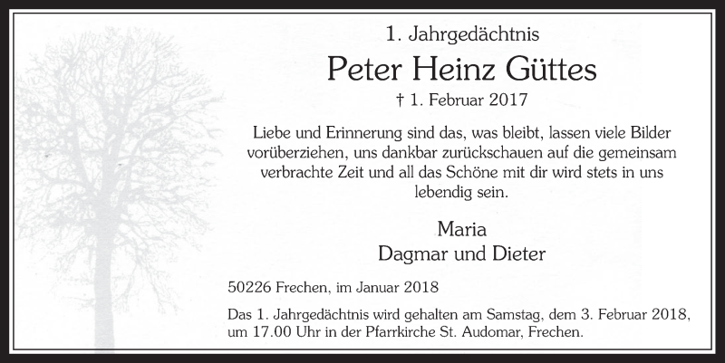  Traueranzeige für Peter Heinz Güttes vom 31.01.2018 aus  Wochenende 