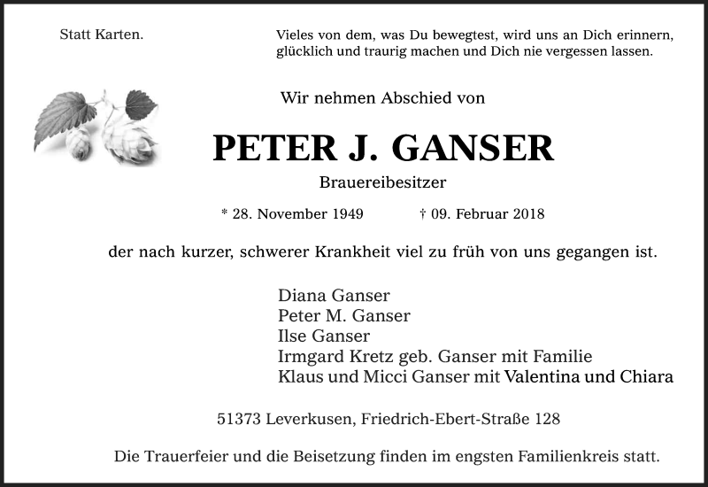  Traueranzeige für Peter J. Ganser vom 24.02.2018 aus Kölner Stadt-Anzeiger / Kölnische Rundschau / Express
