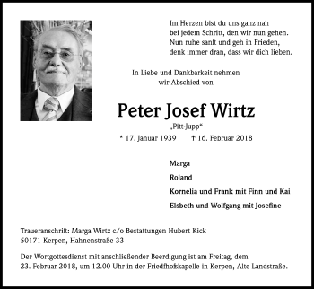 Anzeige von Peter Josef Wirtz von Kölner Stadt-Anzeiger / Kölnische Rundschau / Express
