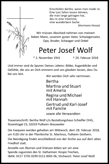 Anzeige von Peter Josef Wolf von Kölner Stadt-Anzeiger / Kölnische Rundschau / Express