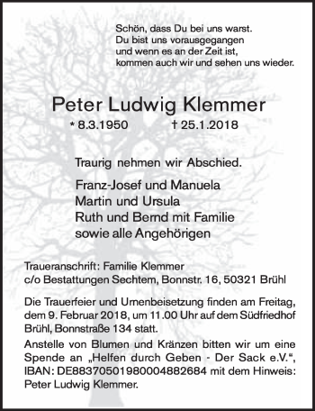 Anzeige von Peter Ludwig Klemmer von  Schlossbote/Werbekurier 