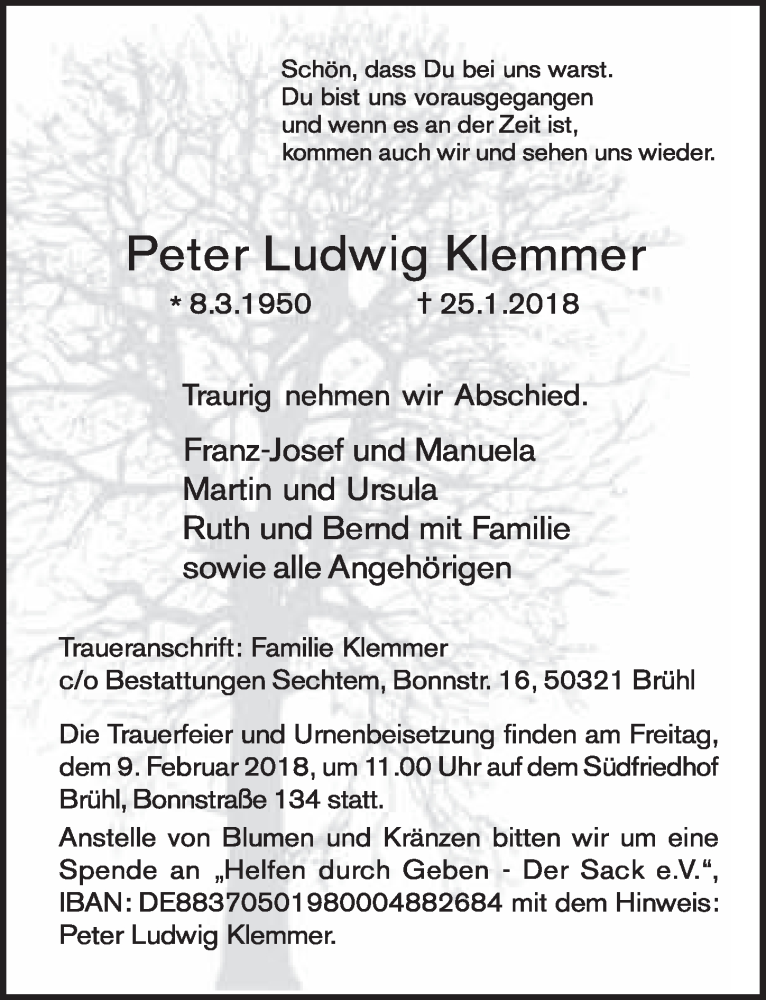  Traueranzeige für Peter Ludwig Klemmer vom 31.01.2018 aus  Schlossbote/Werbekurier 