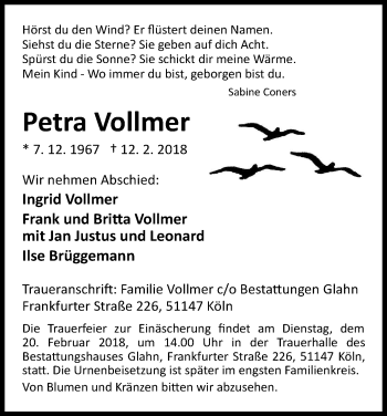 Anzeige von Petra Vollmer von Kölner Stadt-Anzeiger / Kölnische Rundschau / Express