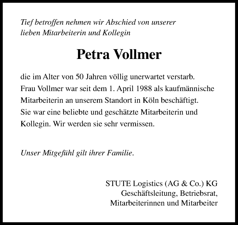  Traueranzeige für Petra Vollmer vom 17.02.2018 aus Kölner Stadt-Anzeiger / Kölnische Rundschau / Express