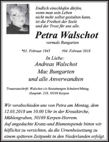 Anzeige von Petra Walschot von  Sonntags-Post 