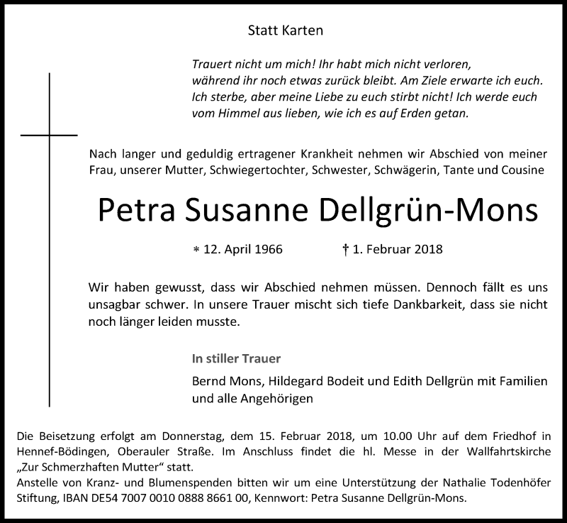 Traueranzeige für Petra Susanne Dellgrün-Mons vom 10.02.2018 aus Kölner Stadt-Anzeiger / Kölnische Rundschau / Express