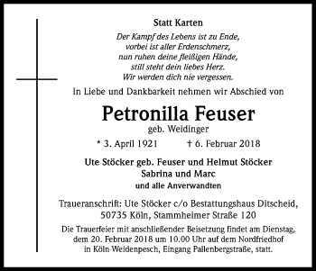 Anzeige von Petronilla Feuser von Kölner Stadt-Anzeiger / Kölnische Rundschau / Express
