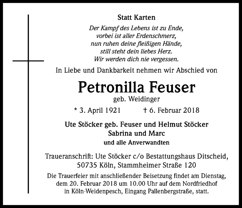  Traueranzeige für Petronilla Feuser vom 15.02.2018 aus Kölner Stadt-Anzeiger / Kölnische Rundschau / Express