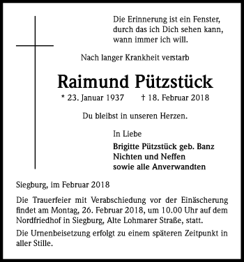 Anzeige von Raimund Pützstück von Kölner Stadt-Anzeiger / Kölnische Rundschau / Express