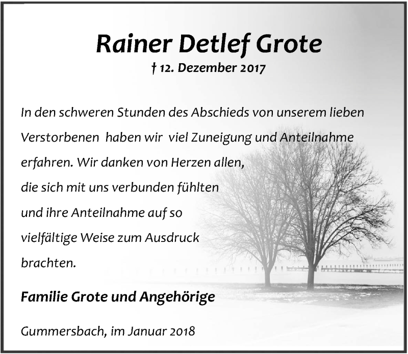  Traueranzeige für Rainer Detlef Grote vom 31.01.2018 aus  Anzeigen Echo 