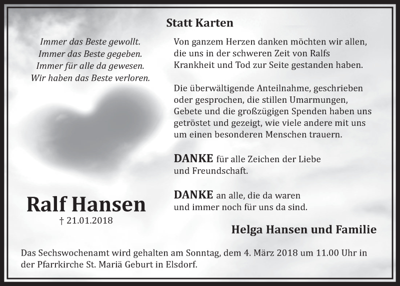  Traueranzeige für Ralf Hansen vom 24.02.2018 aus  Sonntags-Post 
