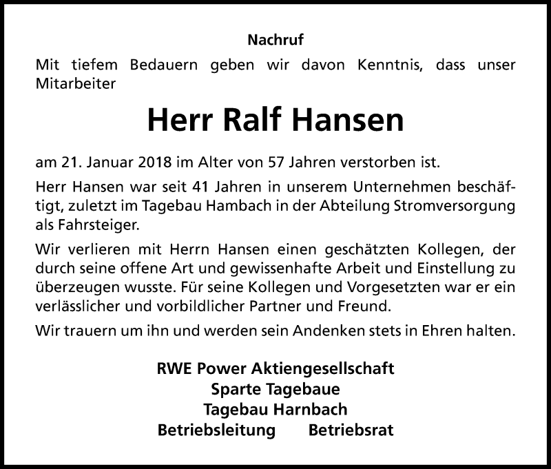 Traueranzeige für Ralf Hansen vom 06.02.2018 aus Kölner Stadt-Anzeiger / Kölnische Rundschau / Express
