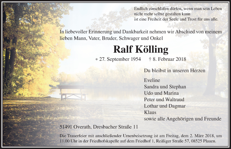  Traueranzeige für Ralf Kölling vom 24.02.2018 aus  Bergisches Sonntagsblatt 