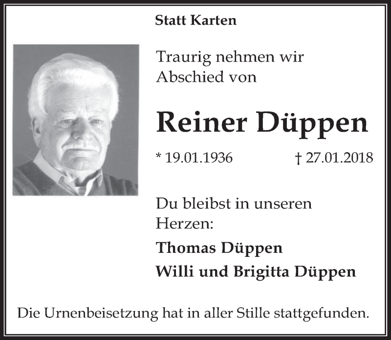 Traueranzeige für Reiner Düppen vom 07.02.2018 aus  Werbepost 